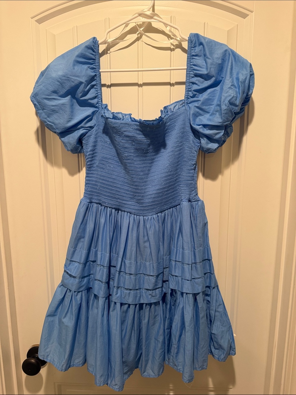Darling Light Blue Puff-Sleeve Tiered Dress
